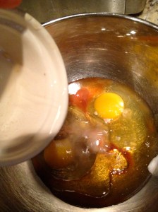 First my liquids...If your coconut oil is solid, you will need to melt it down a bit in the microwave.