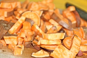 Chop those sweet potatoes.