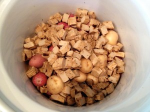 Potatoes and chopped "faux chicken".
