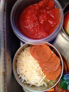 Mozzarella, Vegan pepperoni, and sauce to build mini-pizzas on those cute little pitas.