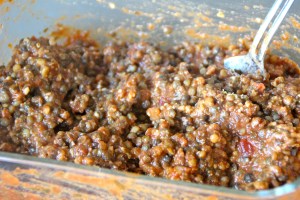 Mix your lentils, sauce, and almond parm.