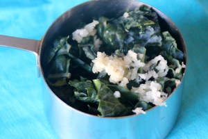 Add your kale and minced garlic. Such a small amount of kale. That shouldn't scare anyone off.