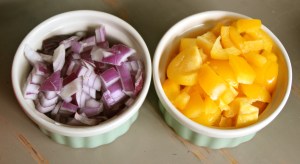 Red onion and chopped yellow pepper.