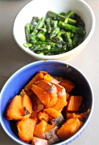 Roasted sweet potatoes and asparagus.
