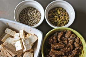 My protein options. Tofu, gardein szechuan beefless strips, sunflower seeds, and shelled pistachios