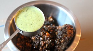 Stir in 1/3 cup dressing into your lentils.