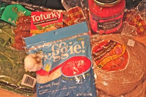 Here are your goods. Don't like vegan cheese or sausage? Captain Obvious says, "Use regular!"