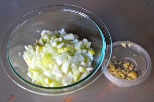 Chop some onion and celery. Mince some garlic.