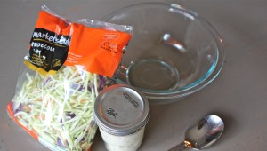 Start with your broccoli slaw and cashew mayo (or hummus).