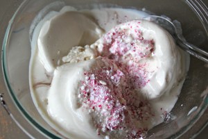 Crushed peppermints in the ice cream.