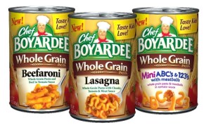 Hilarious. Since when does slapping the label "whole grain" on Chef Boyardee make it healthy? I applaud their efforts, but seriously? I'd rather give my kids plain white pasta than this sodium-laden canned goop.