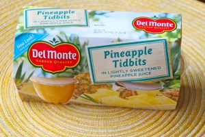 Pineapple Tidbits. These are in straight up juice, not syrup. Of course fresh fruit is best, but if you are going with a fruit cup?? Go with the ones in syrup.