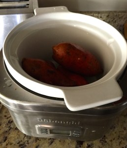 Rinse and scrub potatoes and pop into slow cooker. Do not dry them, pierce them or add any other liquid. Leave whatever residual water that is left from washing.