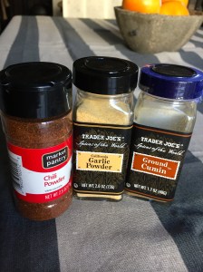 Chili powder, garlic powder, and cumin.