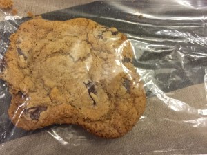 And the sweet treat is a large chocolate chip cookie that we baked. 